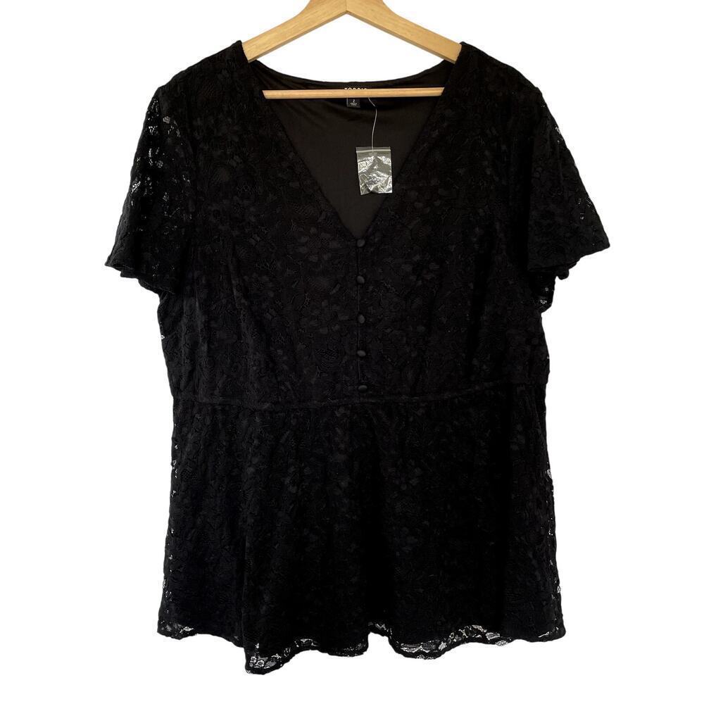 Torrid Floral Lace V-Neck Blouse Size 2 Black Women Short Sleeve Peplum